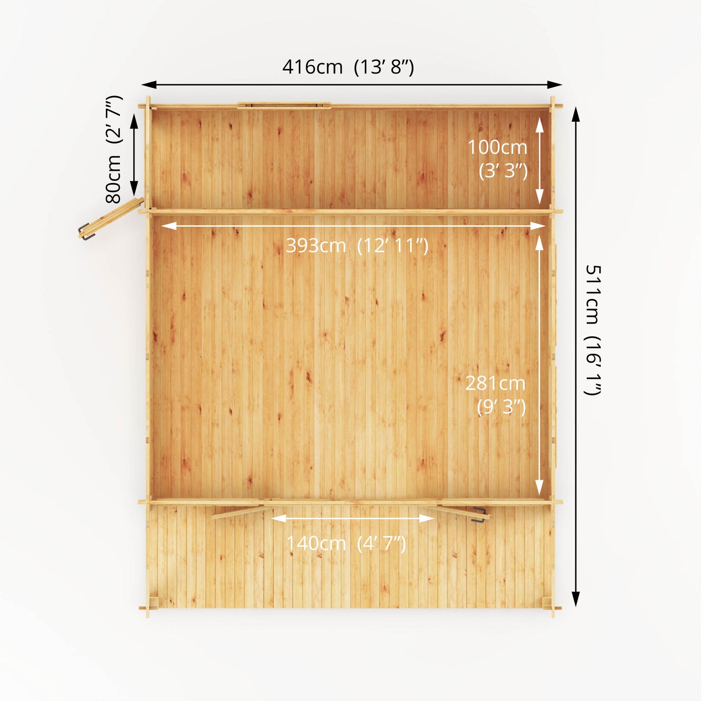 The dimensions of A large timber log cabin with overhanging veranda, double doors and large windows