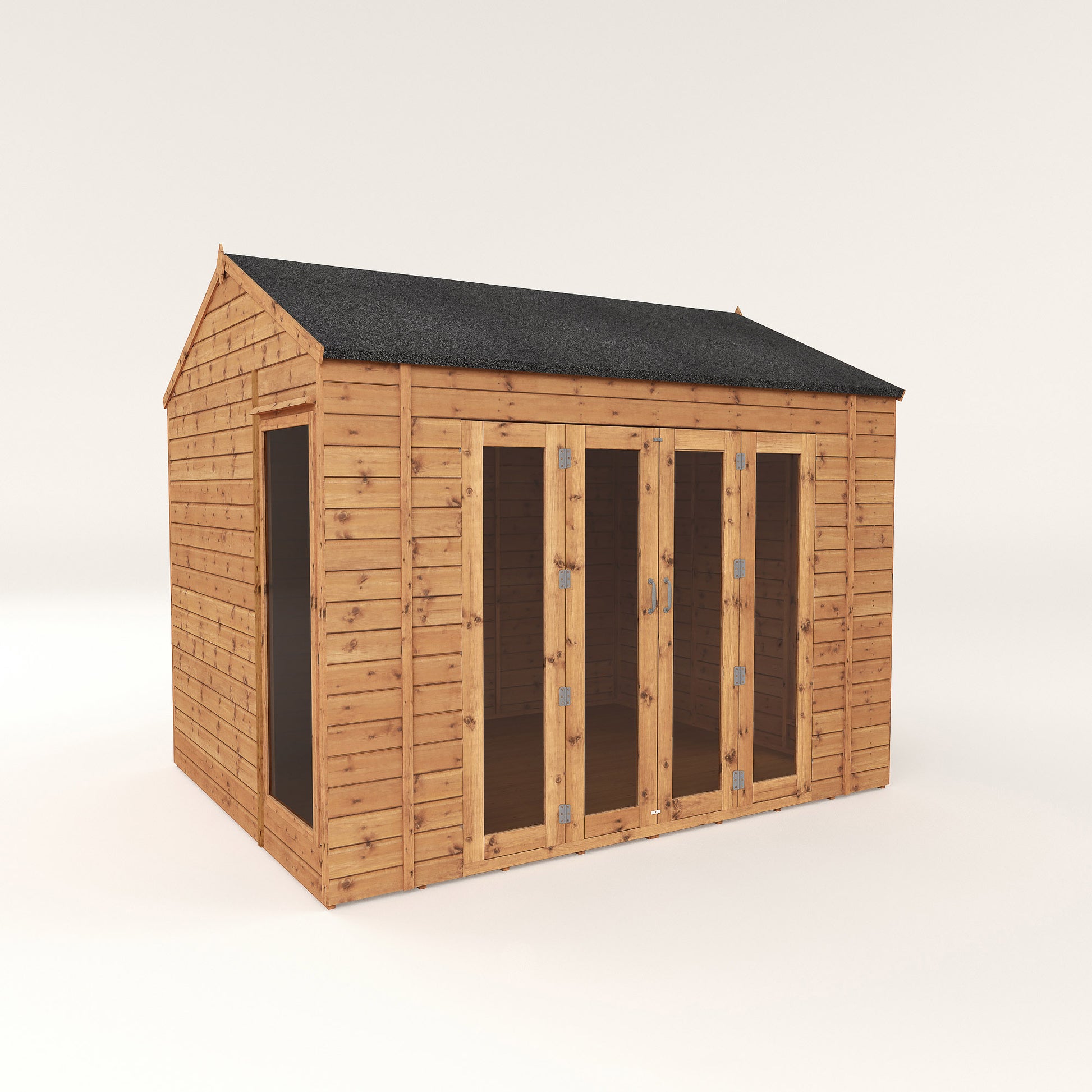 A timber summerhouse with bi-fold full length windows