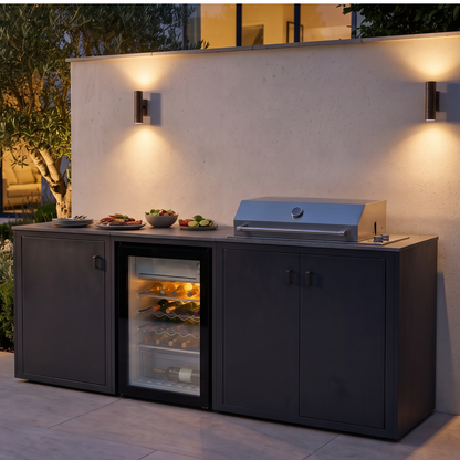 Vantage Linear Outdoor Kitchen with Fridge and 4 Burner BBQ, in use on a patio, Grey