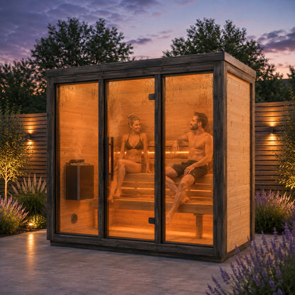 couple enjoying the Novi outdoor sauna