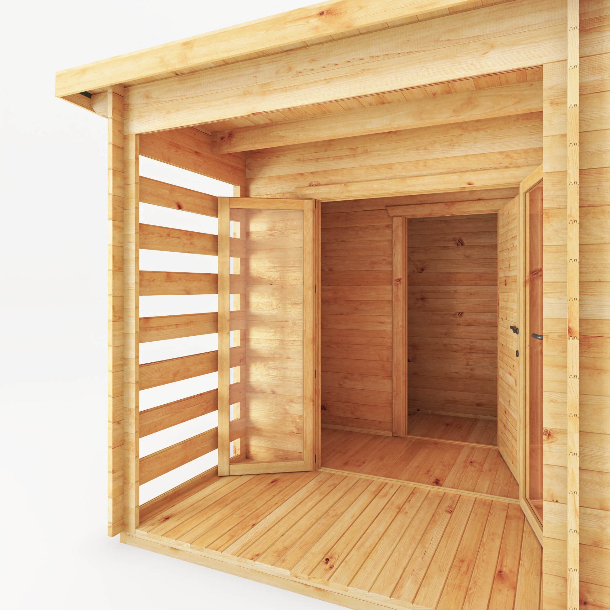 A modern, large, timber log cabin with porch area, double full length doors and pent roof.