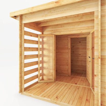A modern, large, timber log cabin with porch area, double full length doors and pent roof.