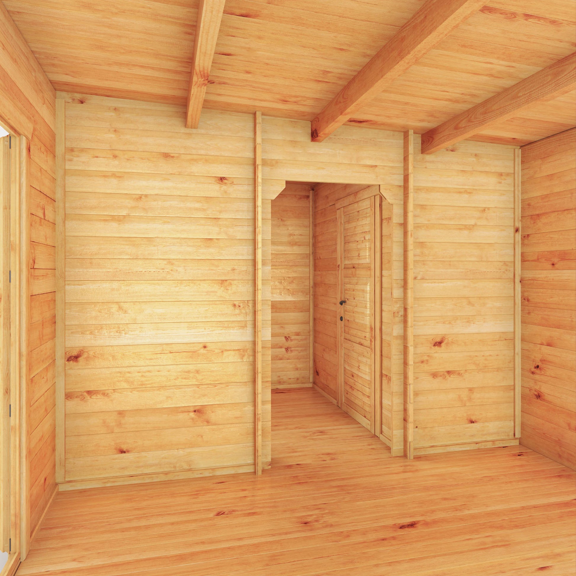 A modern, large, timber log cabin with porch area, double full length doors and pent roof.