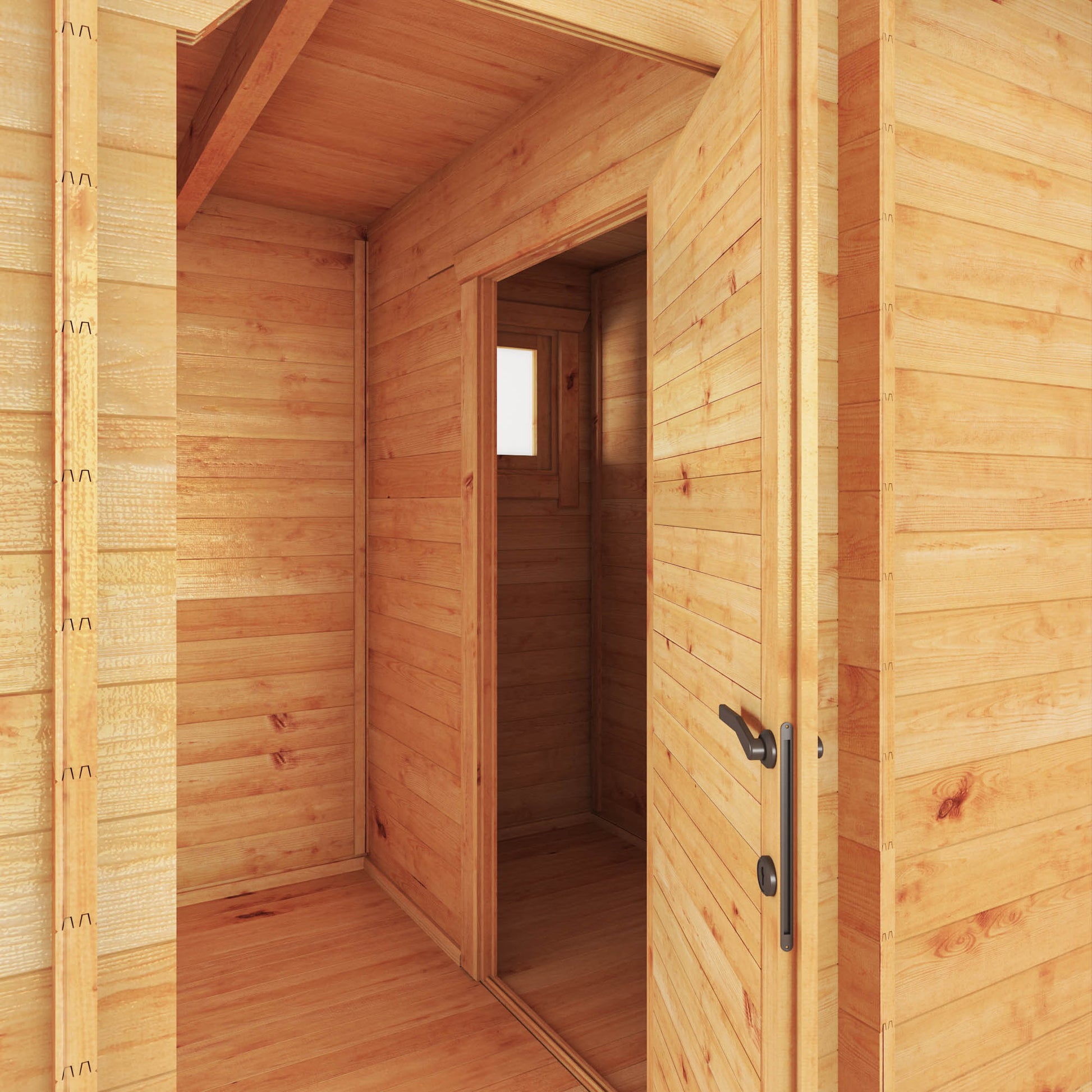 A modern, large, timber log cabin with porch area, double full length doors and pent roof.