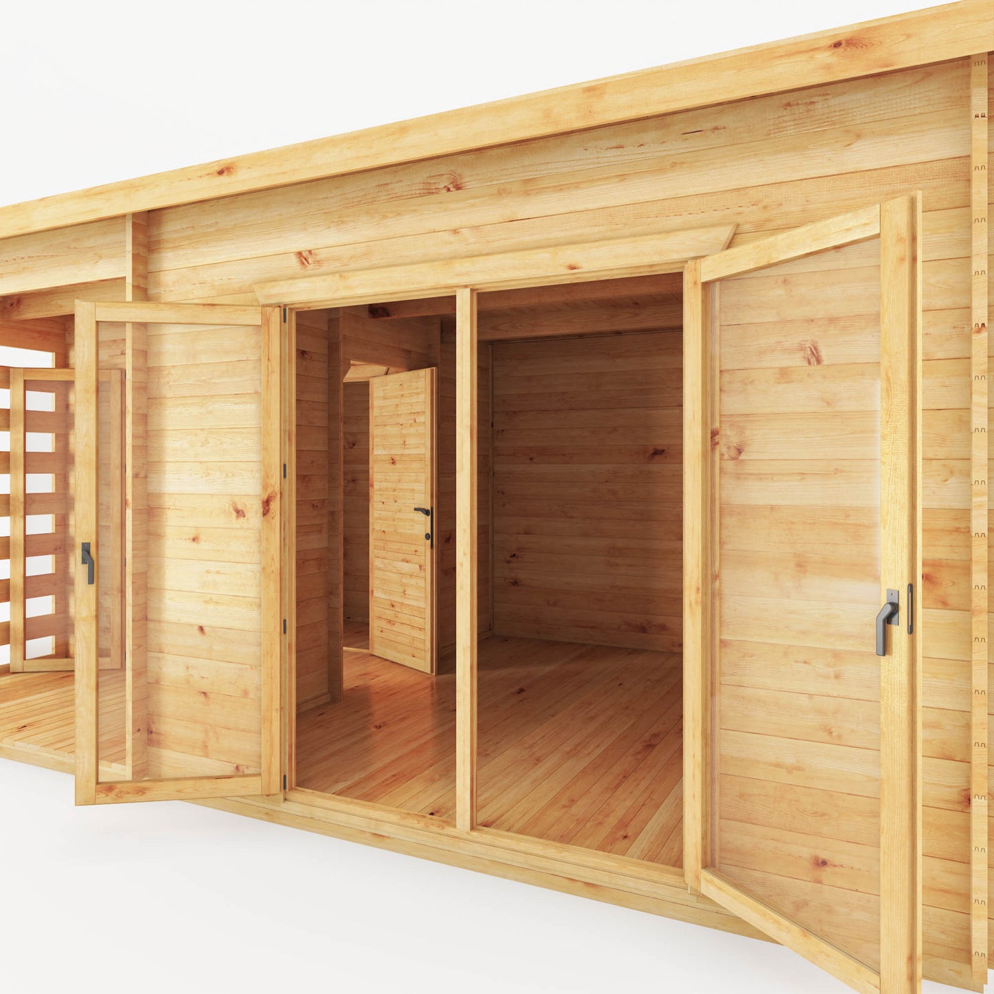A modern, large, timber log cabin with porch area, double full length doors and pent roof.