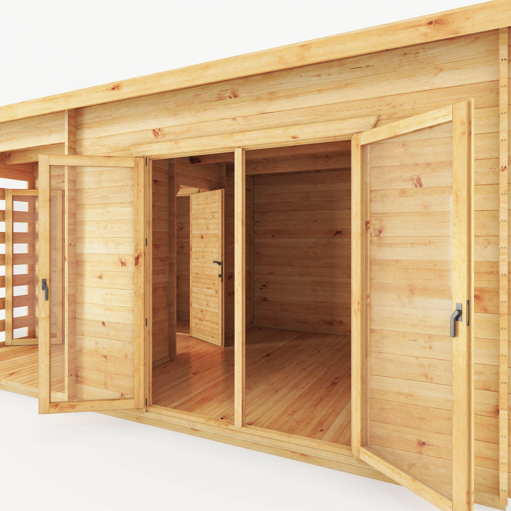 A modern, large, timber log cabin with porch area, double full length doors and pent roof.