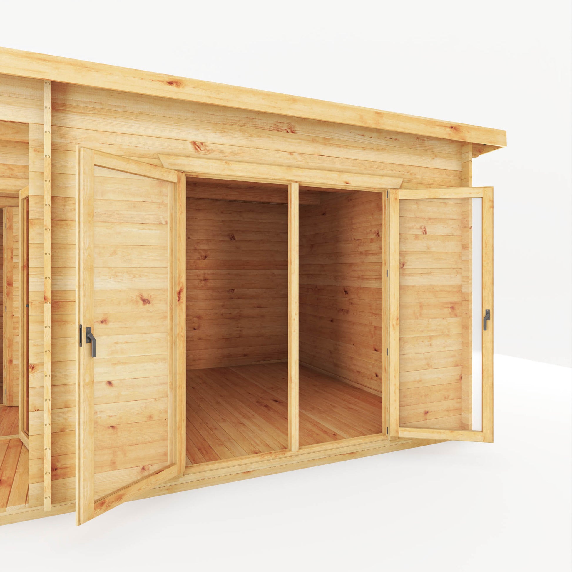 A modern, large, timber log cabin with porch area, double full length doors and pent roof.
