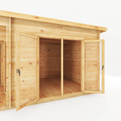 A modern, large, timber log cabin with porch area, double full length doors and pent roof.