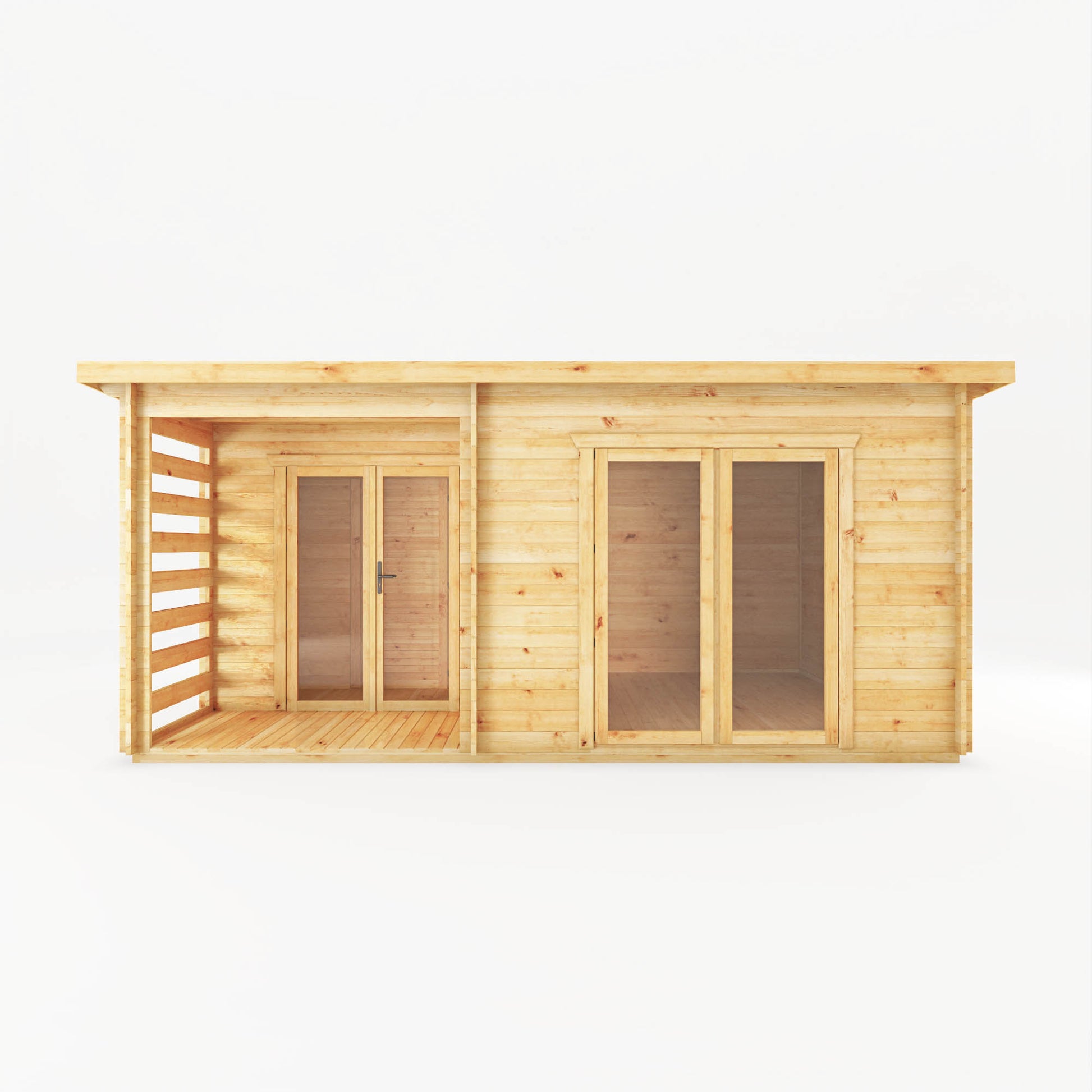A modern, large, timber log cabin with porch area, double full length doors and pent roof.