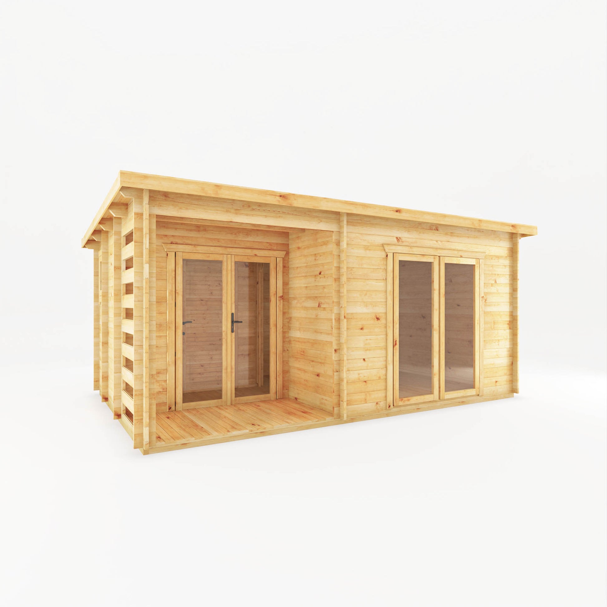 A modern, large, timber log cabin with porch area, double full length doors and pent roof in a garden with patio.