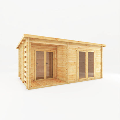 A modern, large, timber log cabin with porch area, double full length doors and pent roof in a garden with patio.