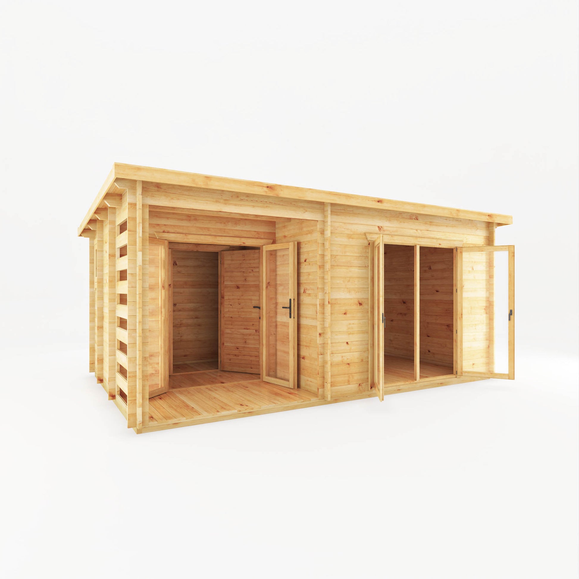A modern, large, timber log cabin with porch area, double full length doors and pent roof.