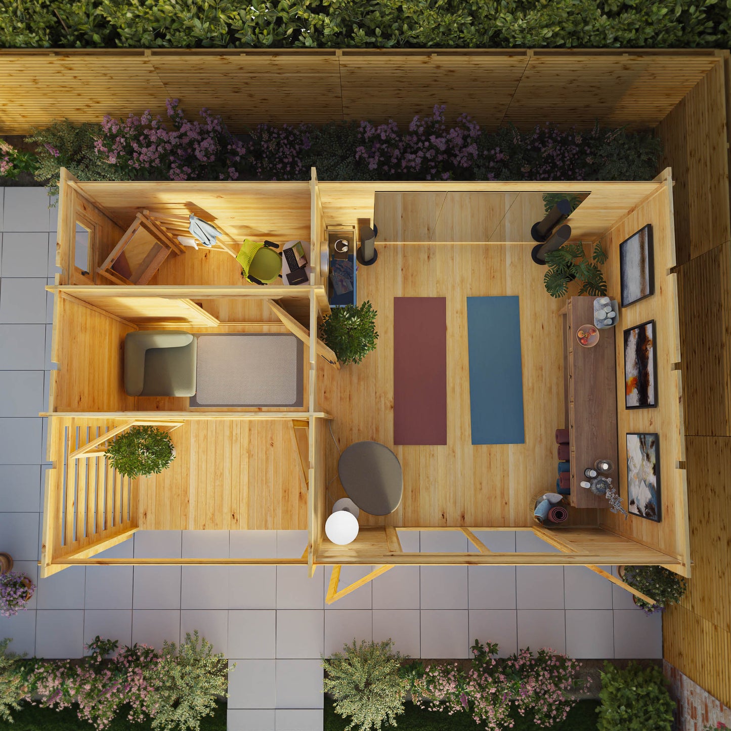 A modern, large, timber log cabin with porch area, double full length doors and pent roof being used as a home gym.