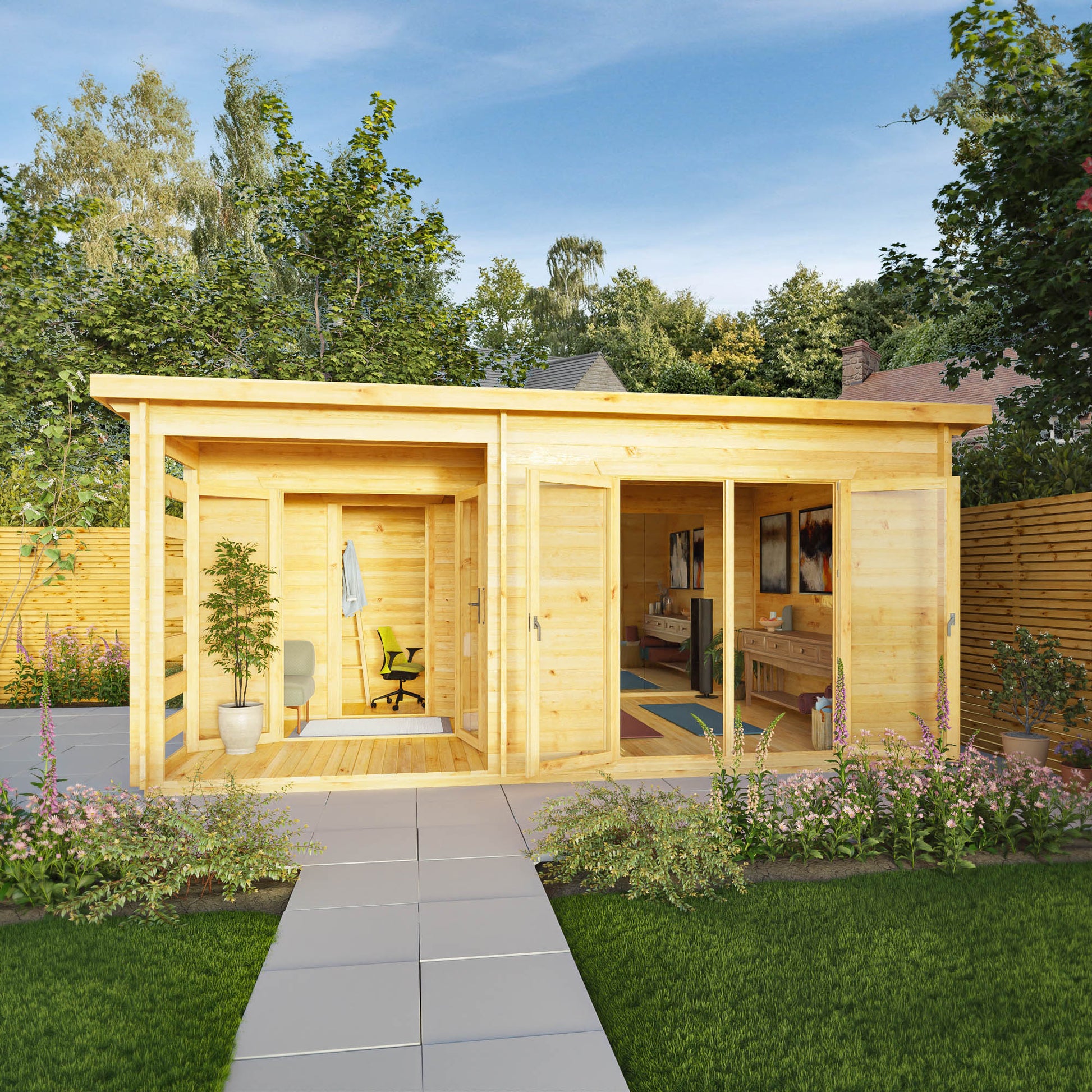 A modern, large, timber log cabin with porch area, double full length doors and pent roof in a garden with patio.