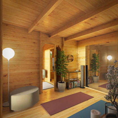 A modern, large, timber log cabin with porch area, double full length doors and pent roof in a garden with patio.