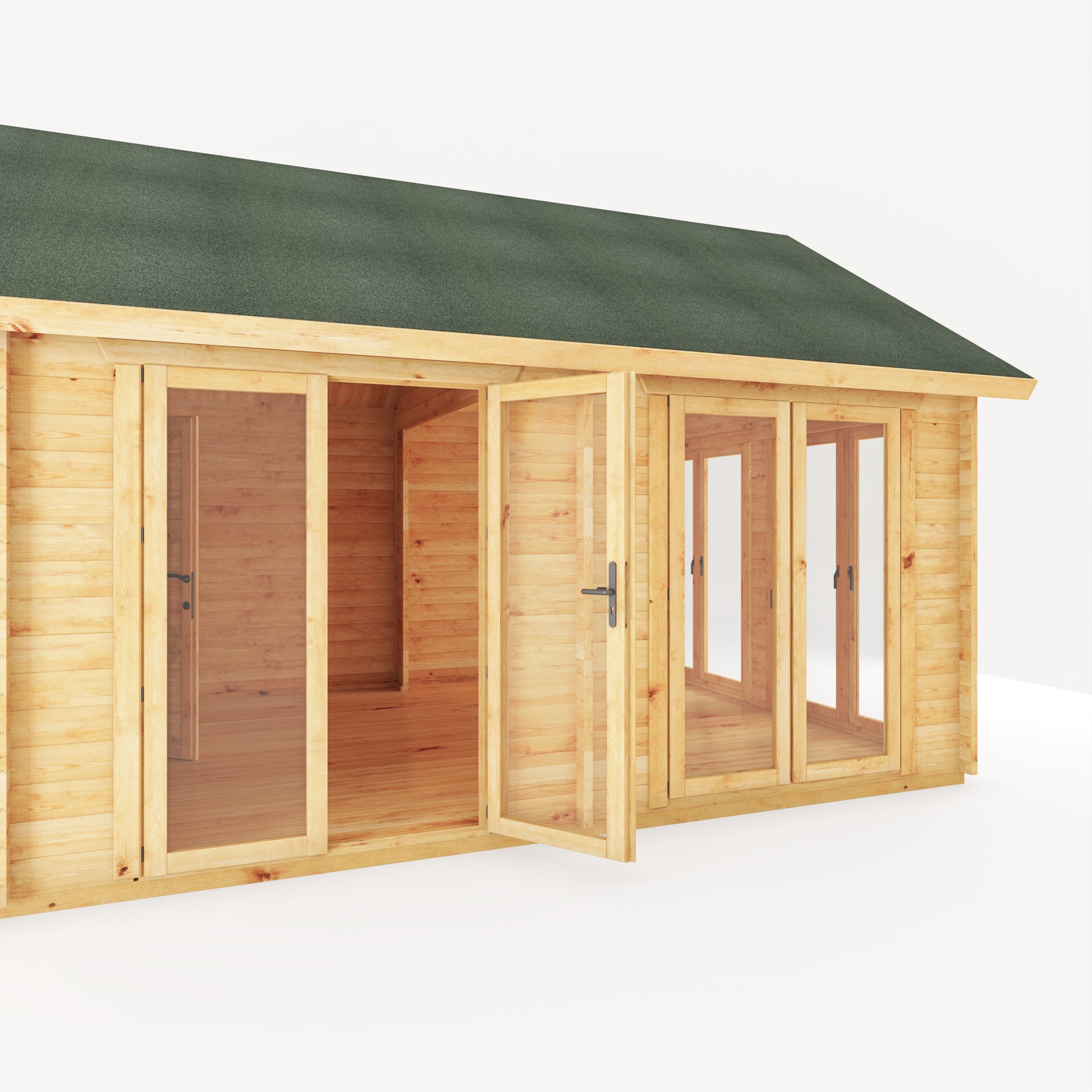 Large timber log cabin, with apex roof, full length windows, double doors in a modern garden. Being used as a home gym and computer gaming room.