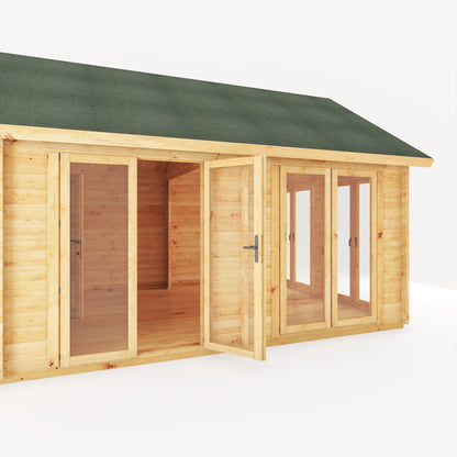 Large timber log cabin, with apex roof, full length windows, double doors in a modern garden. Being used as a home gym and computer gaming room.