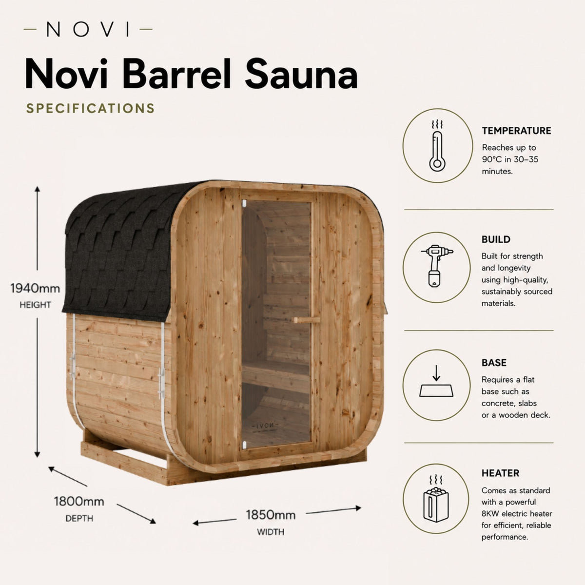 Novi Cube 4 Person Barrel Sauna specification
