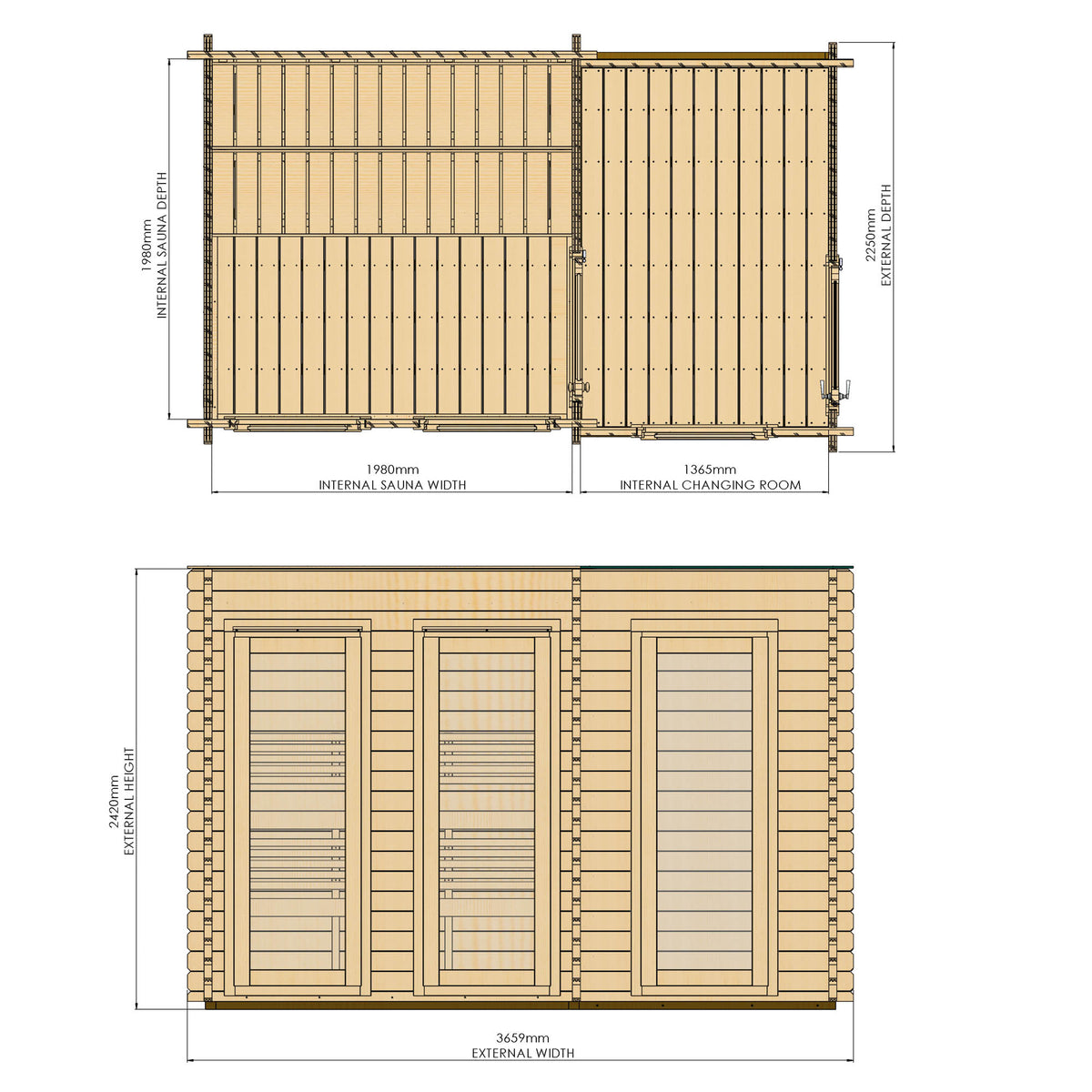Novi Sauna with changing room dimensions diagram