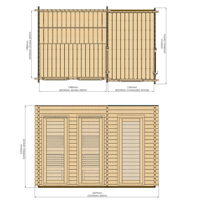 Novi Sauna with changing room dimensions diagram