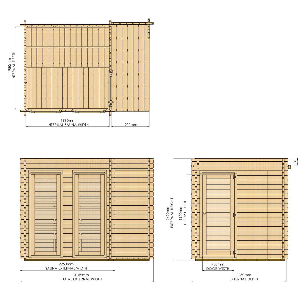 Novi Sauna with Small Veranda dimensions diagram