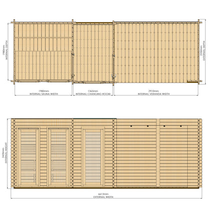 Dimensions diagram for the Novi sauna with changing room and large veranda
