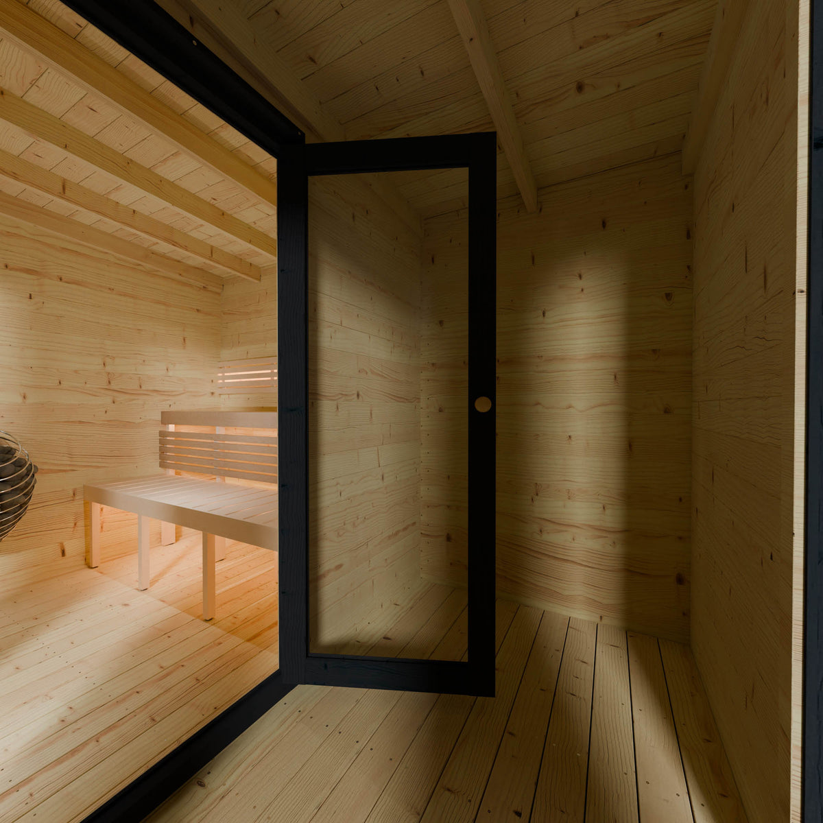 Internal photo of the doors between the sauna and changing room