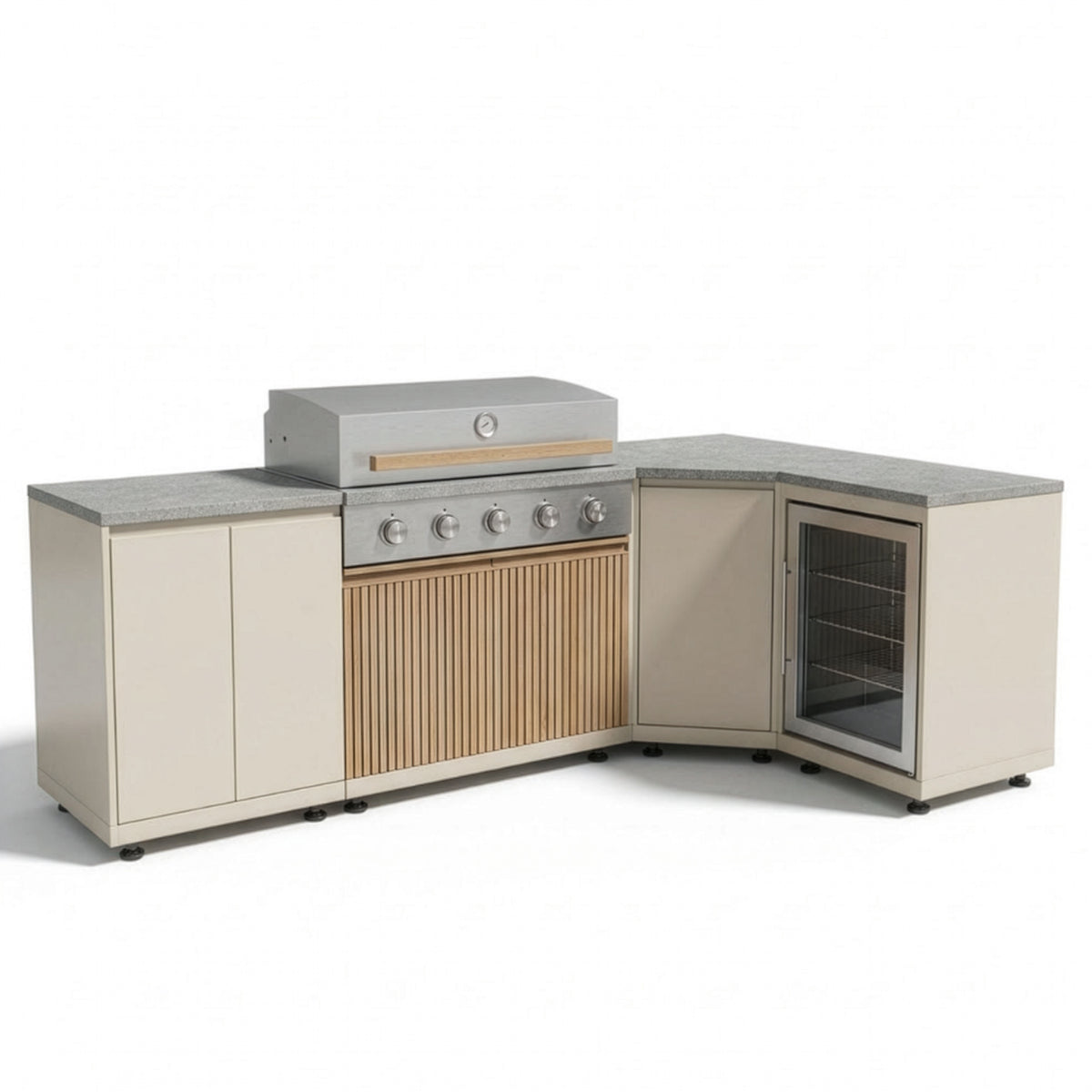 Skogen Small Corner Outdoor Kitchen with Fridge in Latte on a white background, showing the L shaped layout and glass door fridge