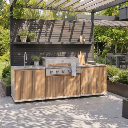 Skogen Small Outdoor Kitchen with Sink in Latte, with slatted door fronts and a grey worktop, on a garden patio