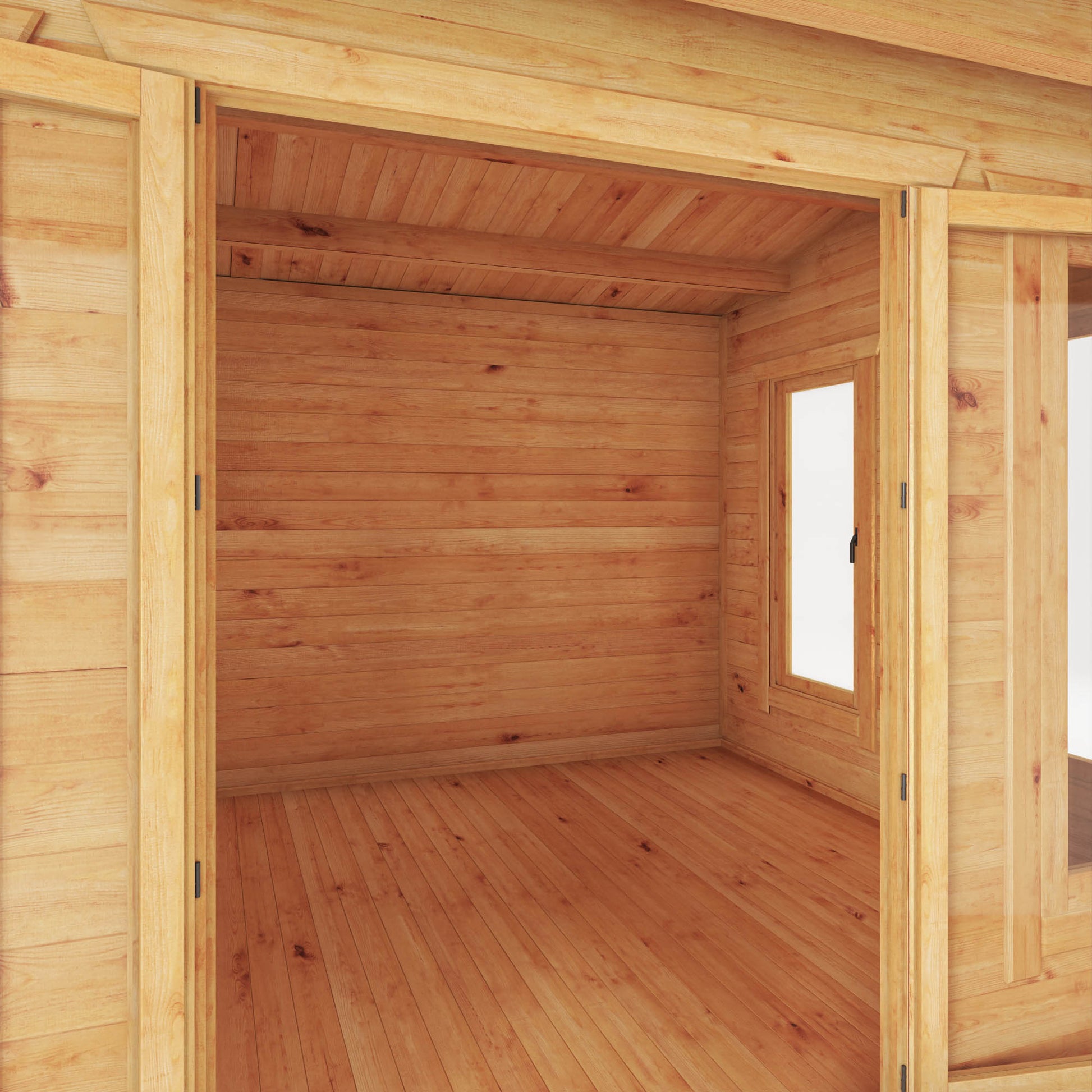 Interior of a large, timber log cabin