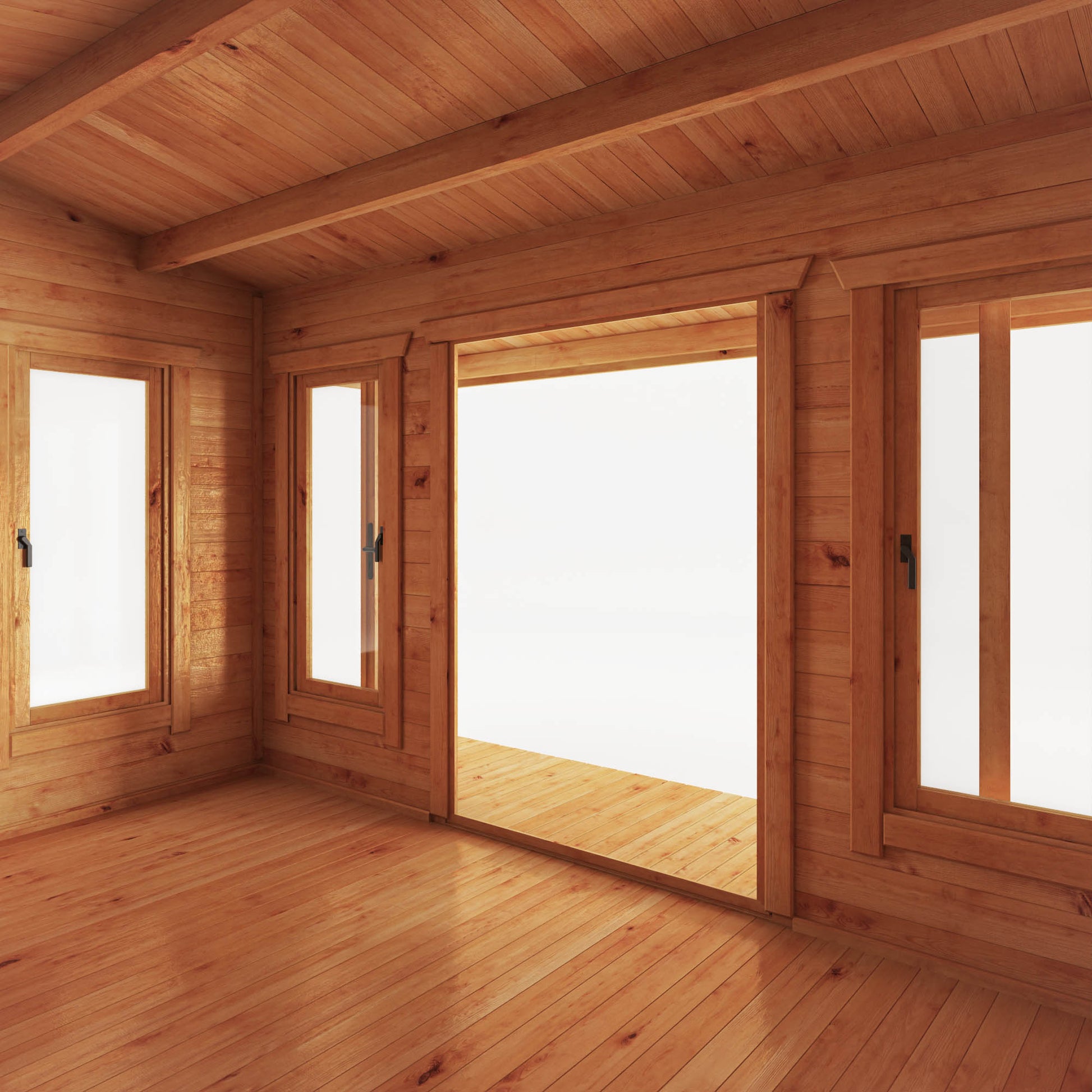 Interior of a large, timber log cabin with double doors