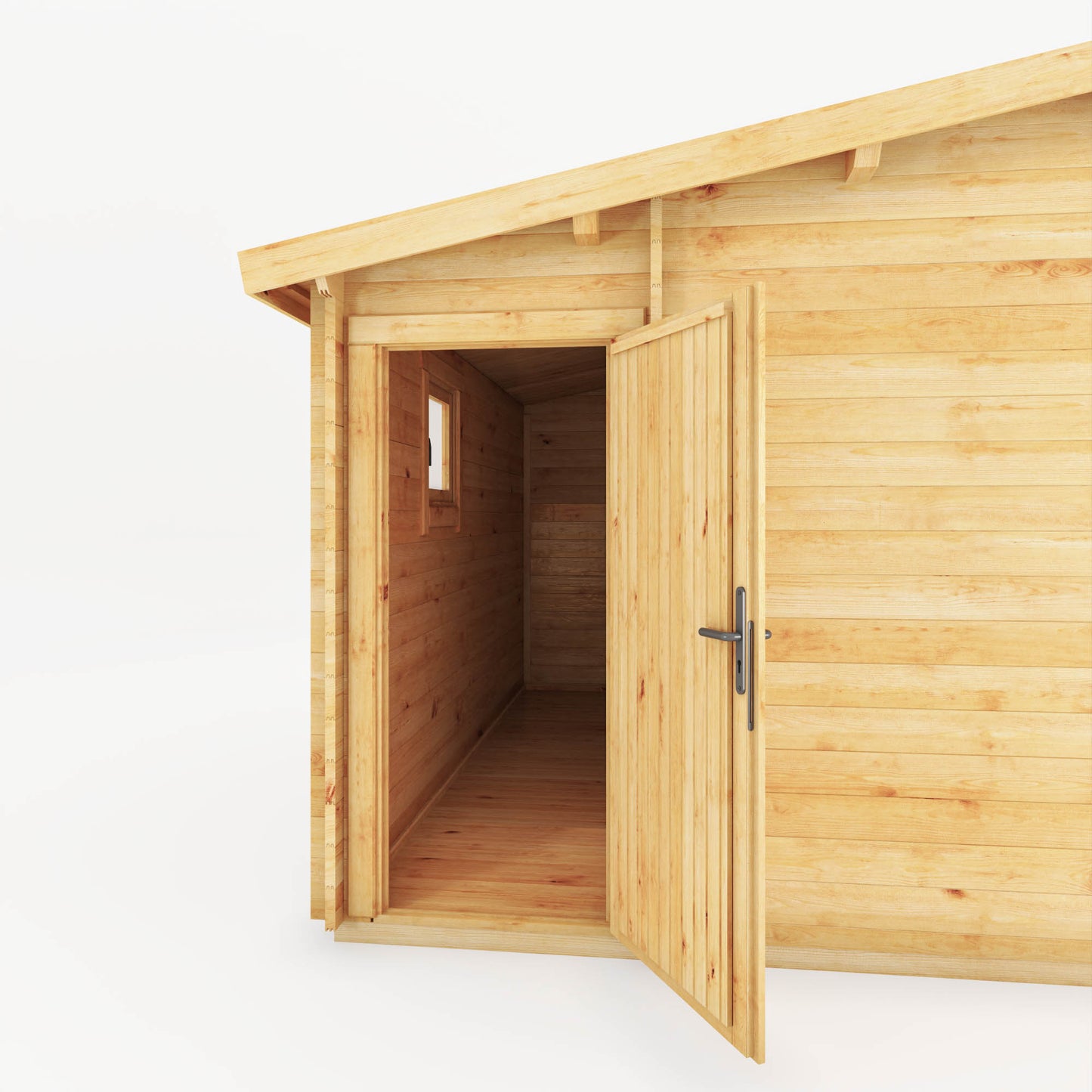 A side shed attached to a large, timber log cabin