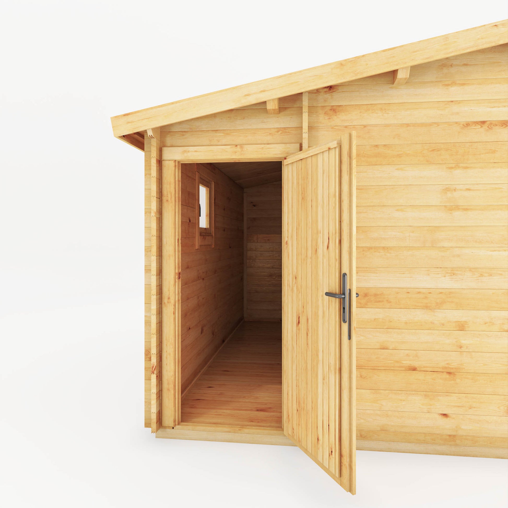 A side shed attached to a large, timber log cabin