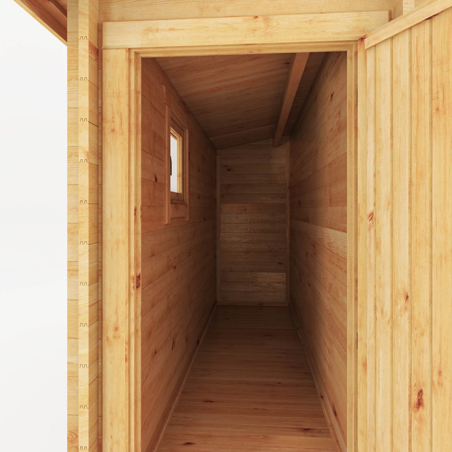 A side shed attached to a large, timber log cabin