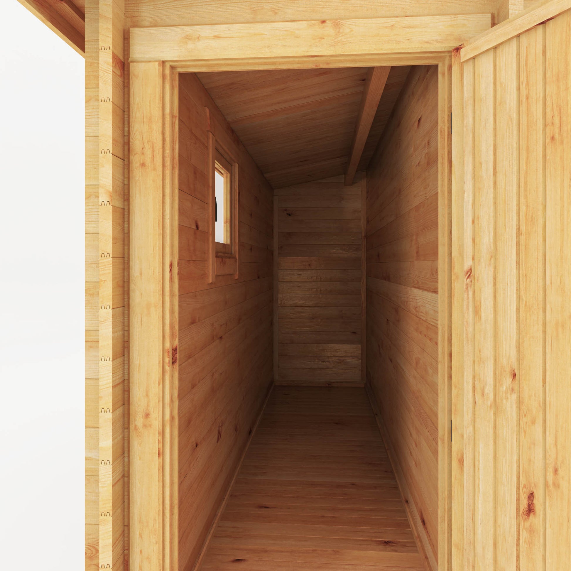 A side shed attached to a large, timber log cabin