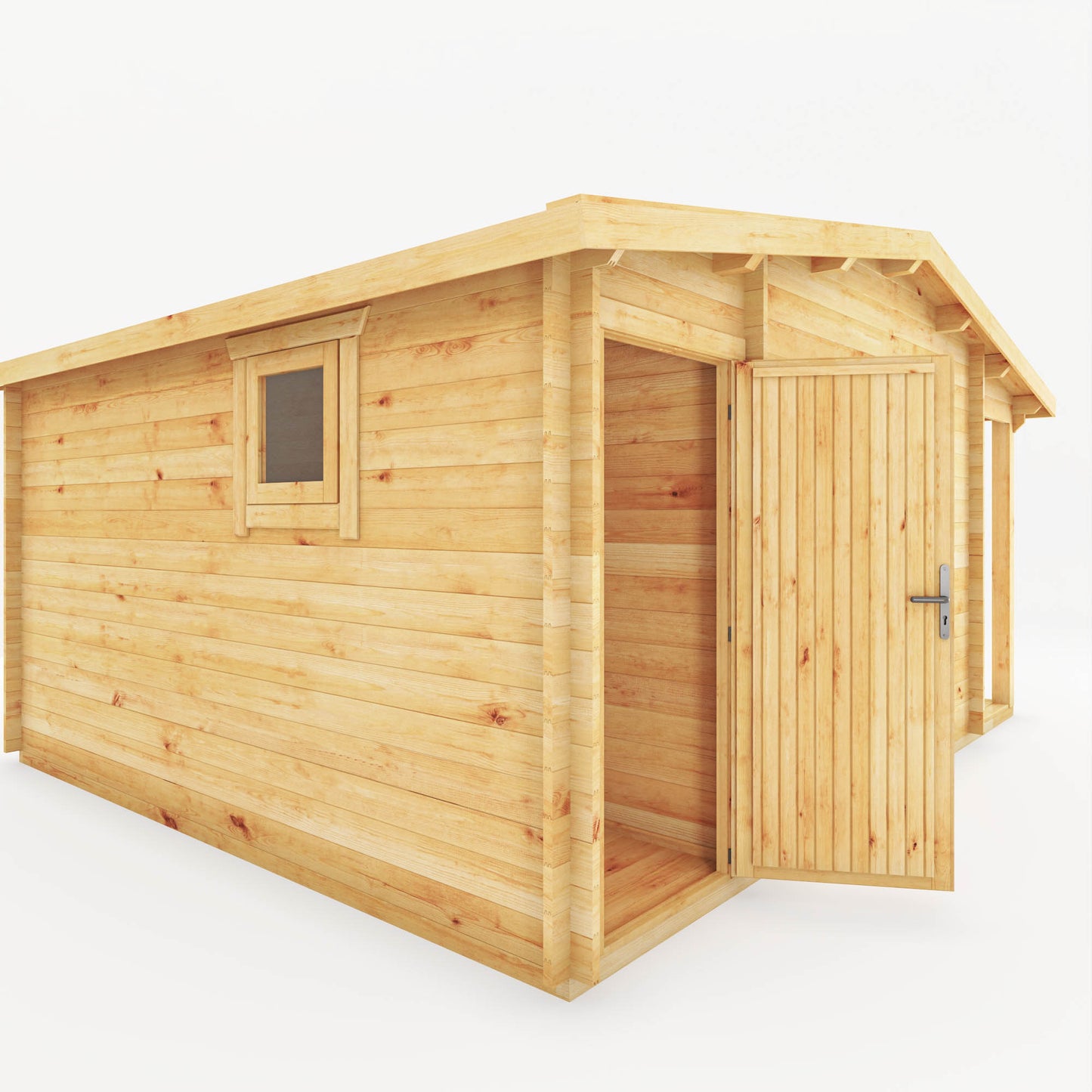 A side shed attached to a large, timber log cabin