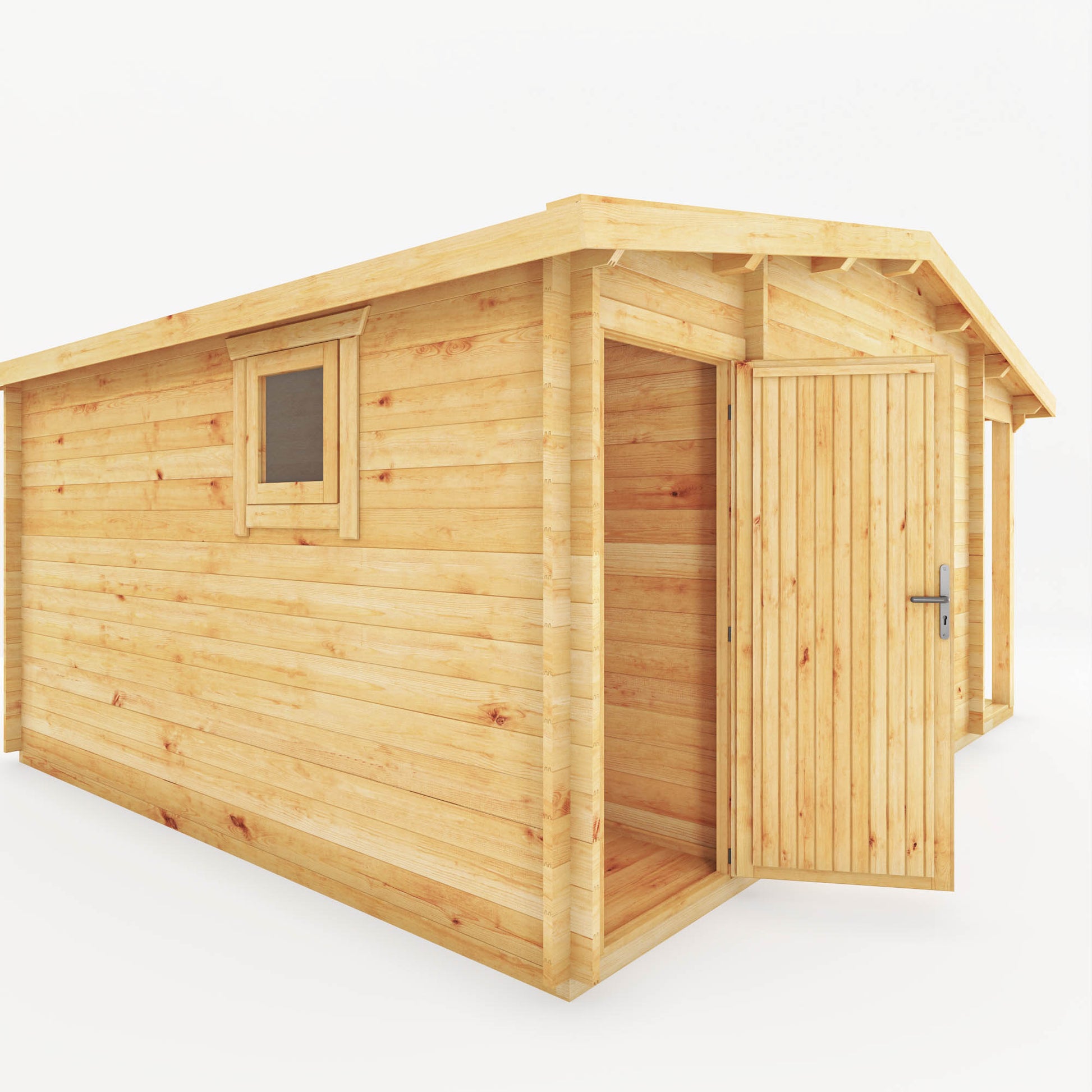 A side shed attached to a large, timber log cabin