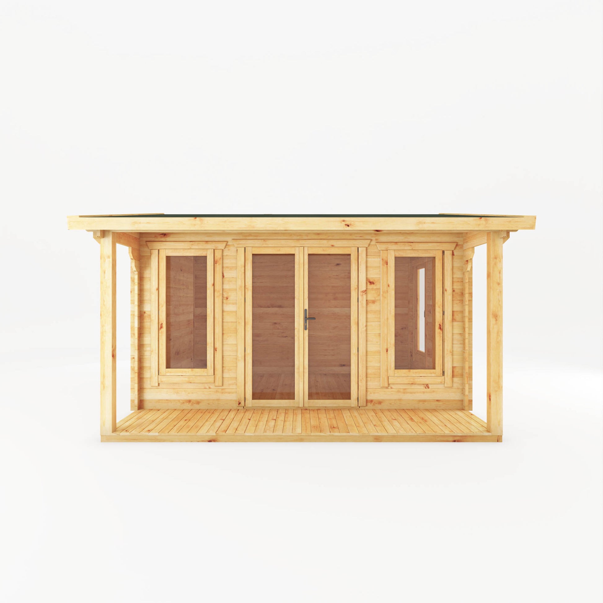 A large timber log cabin with overhanging veranda, double doors and large windows