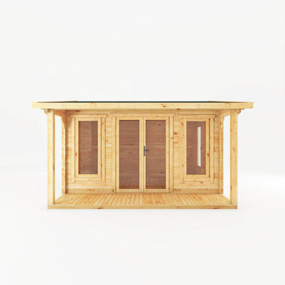 A large timber log cabin with overhanging veranda, double doors and large windows