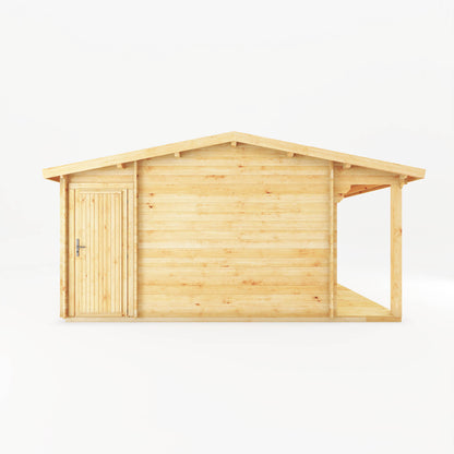 A large timber log cabin with overhanging veranda, double doors and large windows
