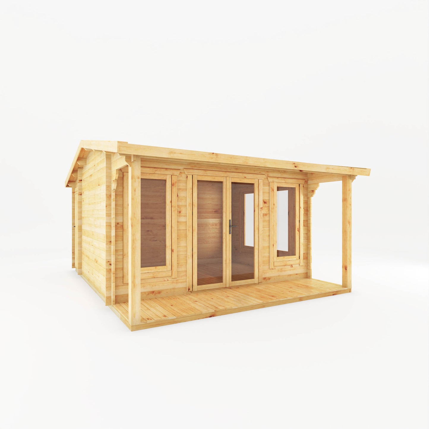 A large timber log cabin with overhanging veranda, double doors and large windows