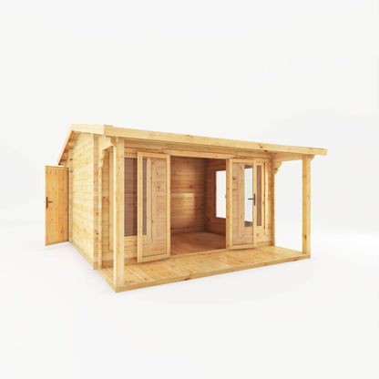 A large timber log cabin with overhanging veranda, double doors and large windows