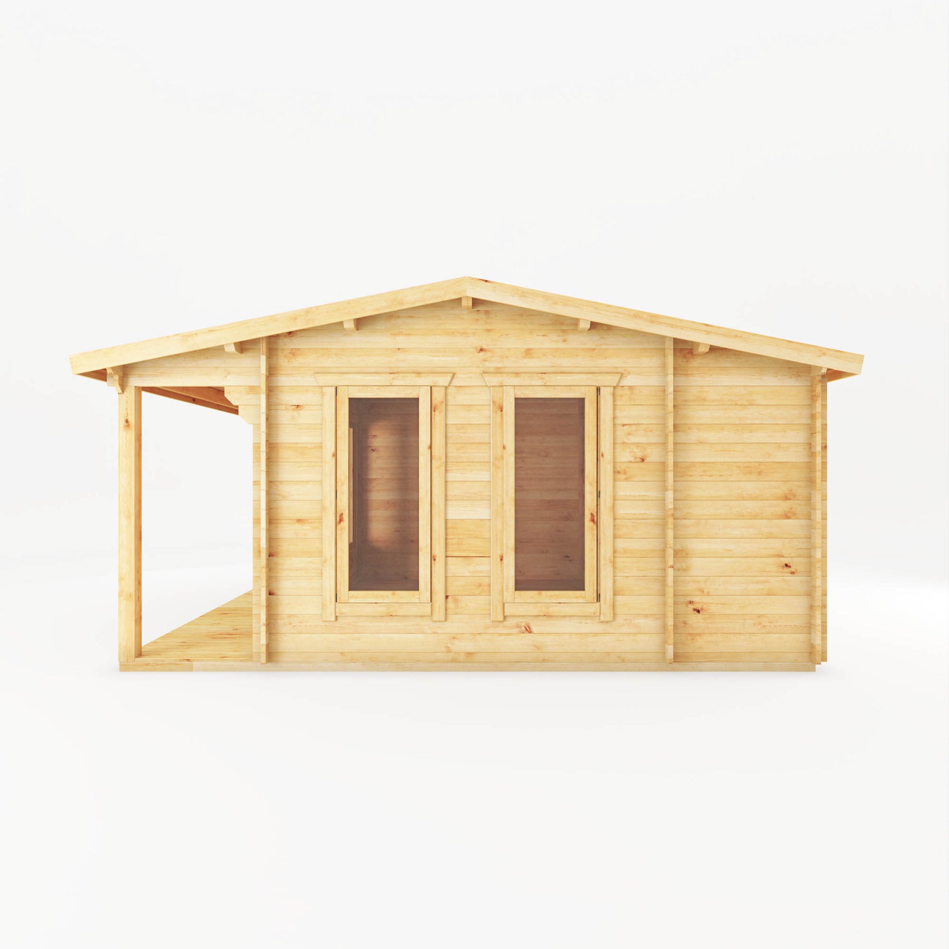 A large timber log cabin with overhanging veranda, double doors and large windows