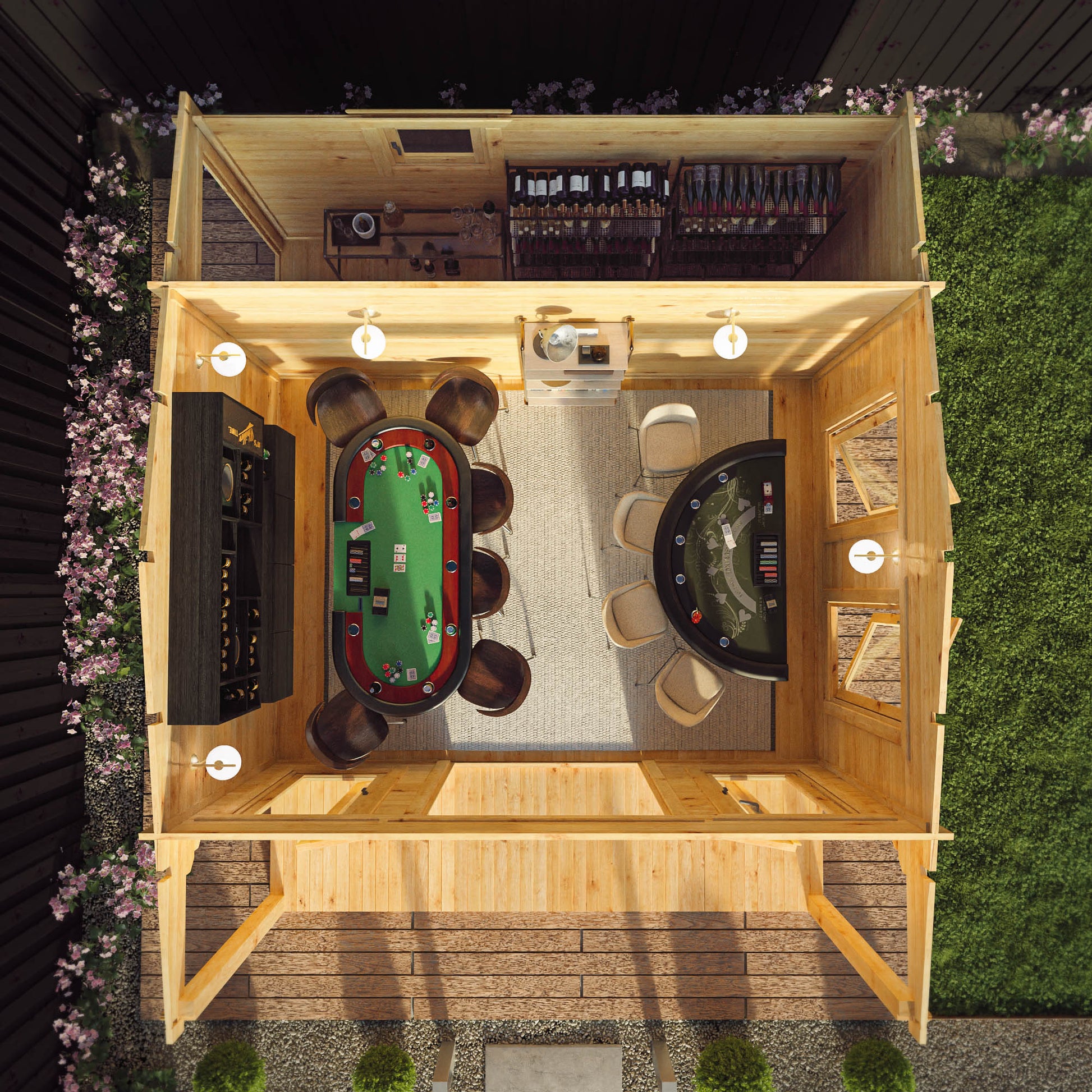 A large timber log cabin with overhanging veranda, being used as a poker and bar room with large windows and double doors and a wine storage cellar