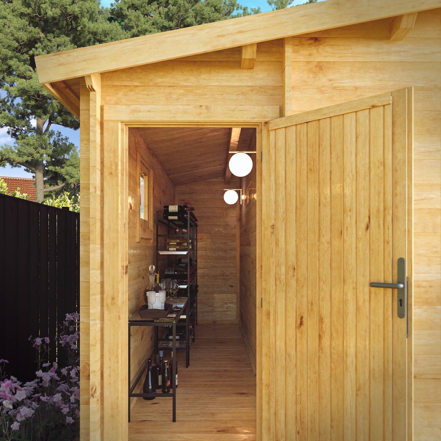 The side shed of a log cabin being used as a wine cellar