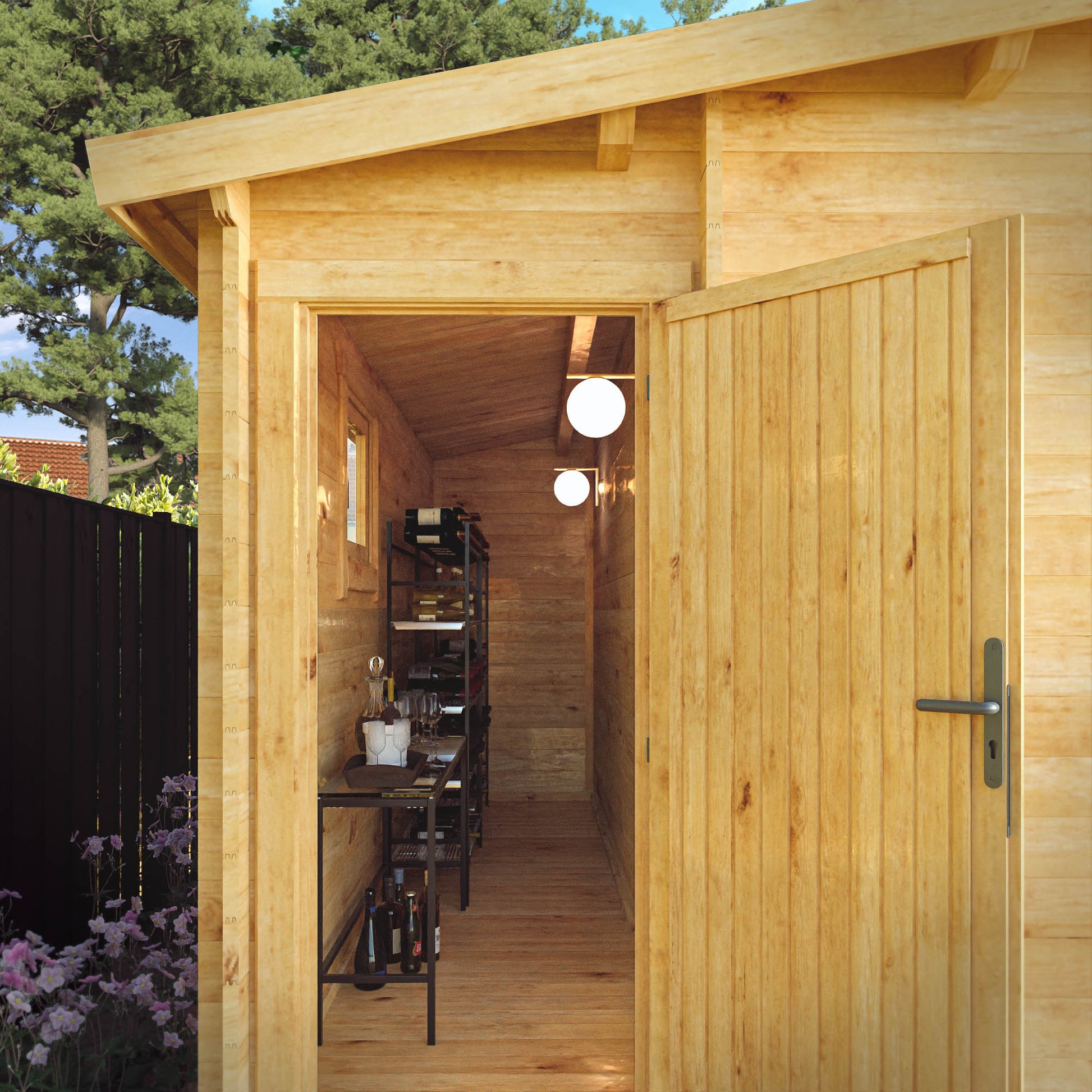 The side shed of a log cabin being used as a wine cellar