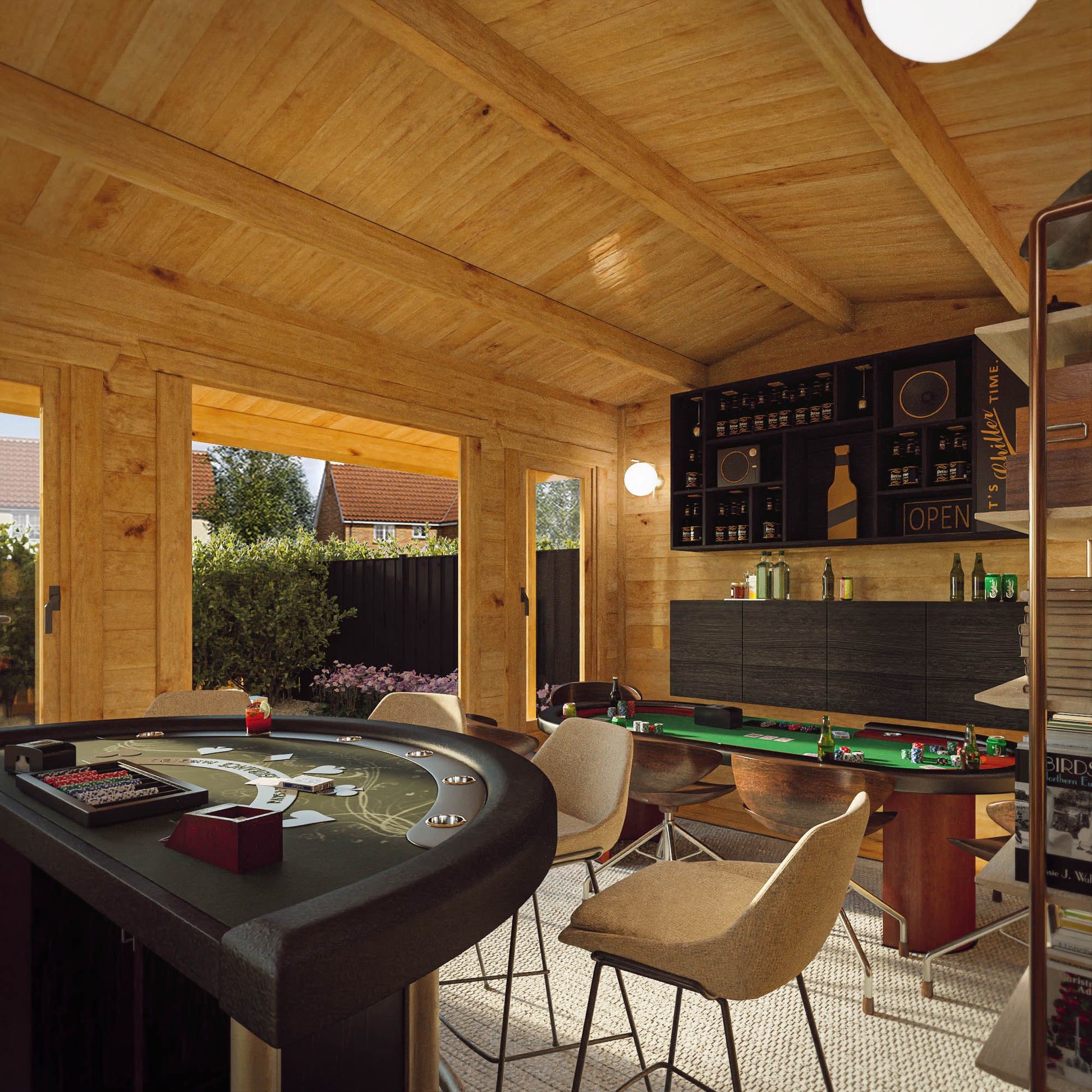 A large timber log cabin with overhanging veranda, being used as a poker and bar room with large windows and double doors