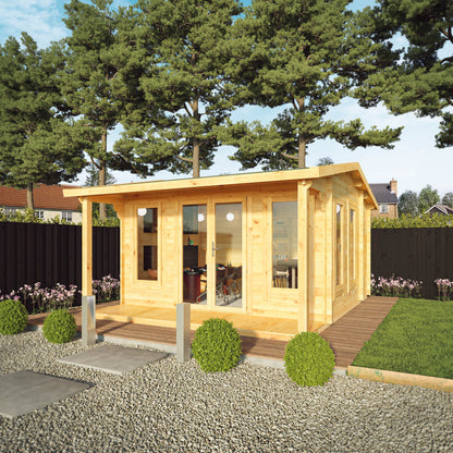 A large timber log cabin with overhanging veranda, being used as a poker and bar room with large windows and double doors