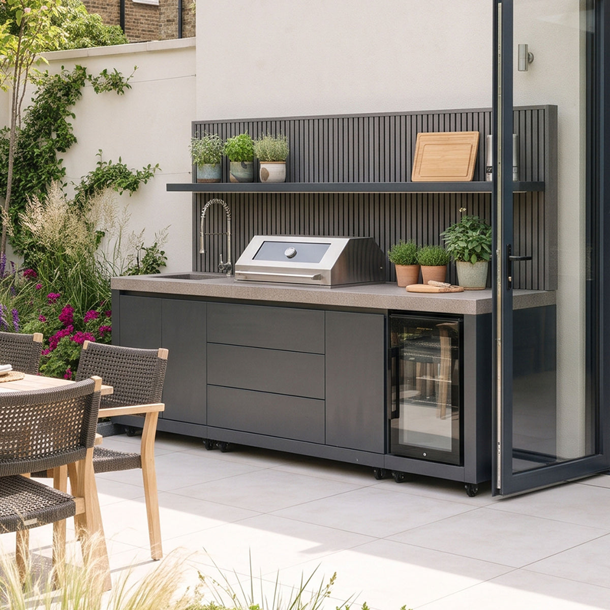 Waltons Strata Signature Outdoor Kitchen in Grey on a sunny patio beside open glazed doors#colour_grey