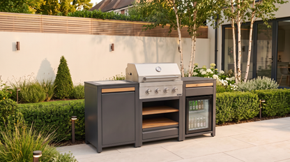 Urban Compact Outdoor Kitchen with fridge on a patio by day